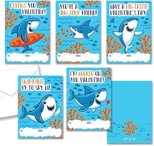 Paper Frenzy Shark Themed Valentines - 25 pack WITH ENVELOPES