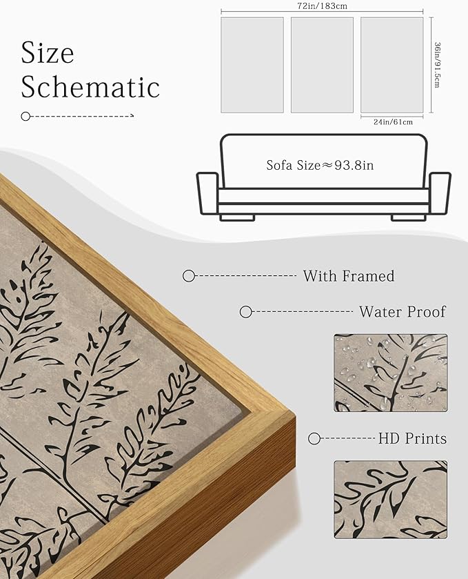 KUVIOKE Vintage Botanical Framed Wall Art Bohemian Tan Plant Leaf Wall Decor Nature Fern Plant Silhouette Wall Painting Home Decor 24x36in (Natural Framed)