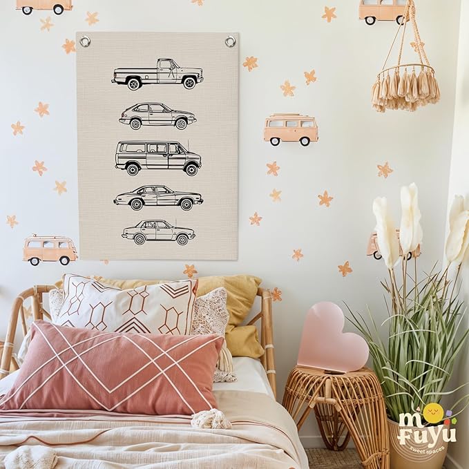 Toddler Boy Room Decor, Vintage Car Wall Decor Canvas Banner,Car Playroom Decor Wall Hanging Flag Banner for Little Boy Bedroom,Playroom Nursery 18x25 Inch