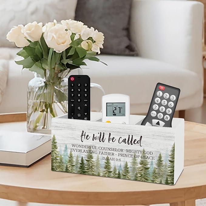 Christian Christmas Pen Pencil Holder Organizer for Desk Accessories, Winter Xmas Tree Bible Verse Scripture Wooden Box Sign Desk Decor for Home Office Decoration, Religious Christmas Decor
