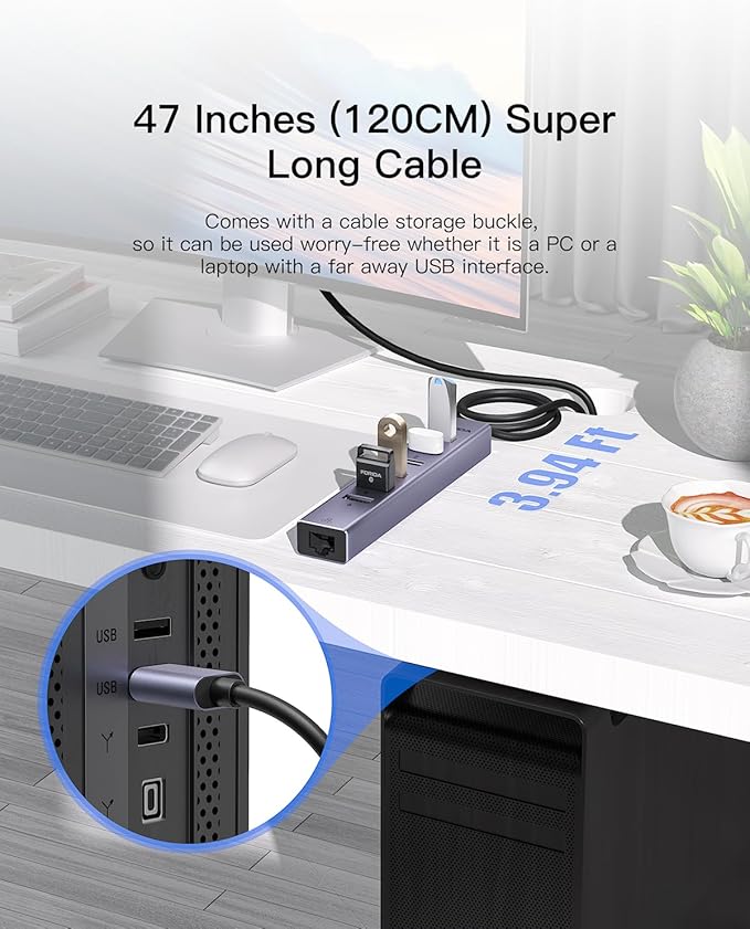 FORIDA 7 Ports USB Ethernet Hub with 3.9ft Long Cable USB Hub for Laptop, USB LAN Adapter with Gigabit Network Port, 5V/3A Power Port, Aluminum MultiPort Extender for PC, iMac, PC, Flash Drives