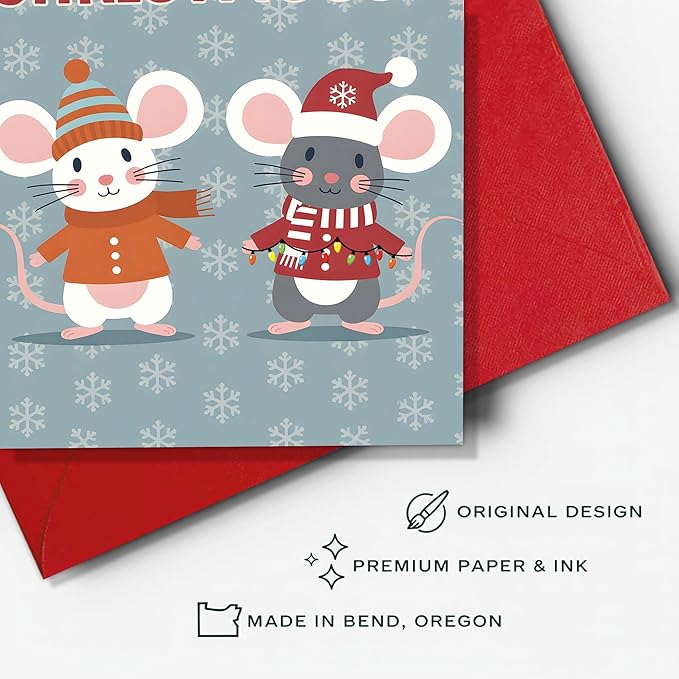 (5.3x8in) Merry Christmouse Card with Envelope, Cute Funny Christmas Mouse Greeting, Adorable Winter Holiday Card with Cartoon Mice Design for Friends, Family, and Kids (Xmas 25)