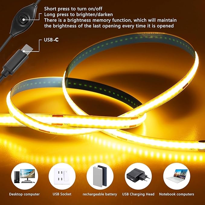 1M/3.28Ft Dimmable COB LED 5V USB Type-C Strip Light with Memory Function,Warm White 2700K Tape Light for Monitor TV Backlight,Mirror,Cabinet,staircases,DIY Lighting with Remote Control