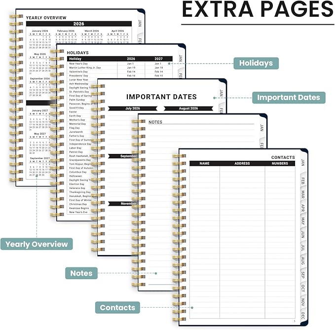 2026 Planner, Monthly and Weekly Calendar Planner for Women, Jan 2026 - Dec 2026, Hardcover Pretty 2026 Agenda Planner Book with Tabs, Spiral Bound, Perfect for School Office Home Supplies, 6.3" x 8.5" - Blue Patchwork