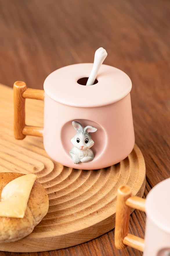 DIHOclub Adorable 3D Ceramic Rabbit Mug with Lid and Spoon Perfect for Coffee, Tea, Milk, and More - Ideal Gift for Bunny Lovers - 14 Ounces (Pink)
