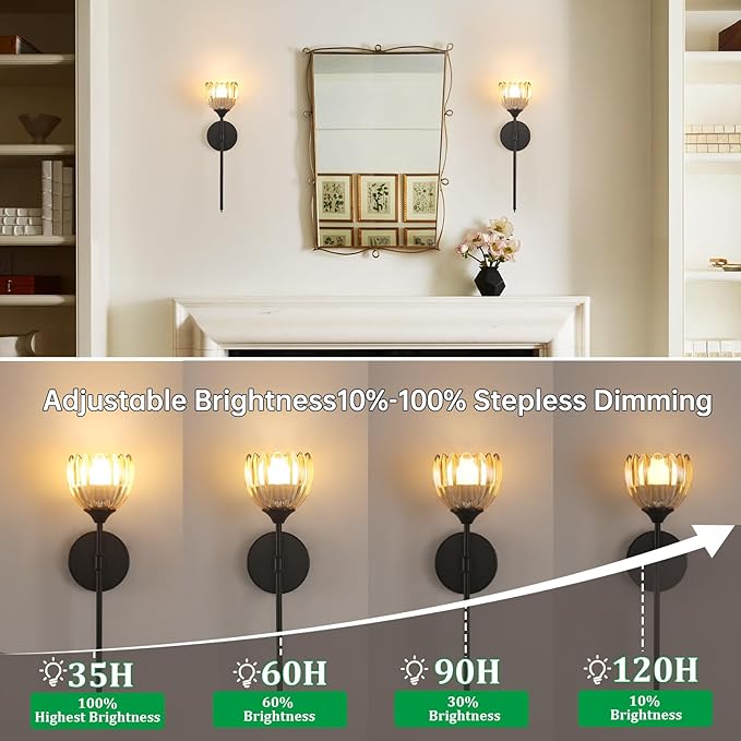 Battery Operated Wall Sconce Set of 2, Amber Tulip Vintage Wall Light Fixture Rechargeable 5000mAh Battery Powered Wall Lamp with Remote for Living Room Bathroom, Black