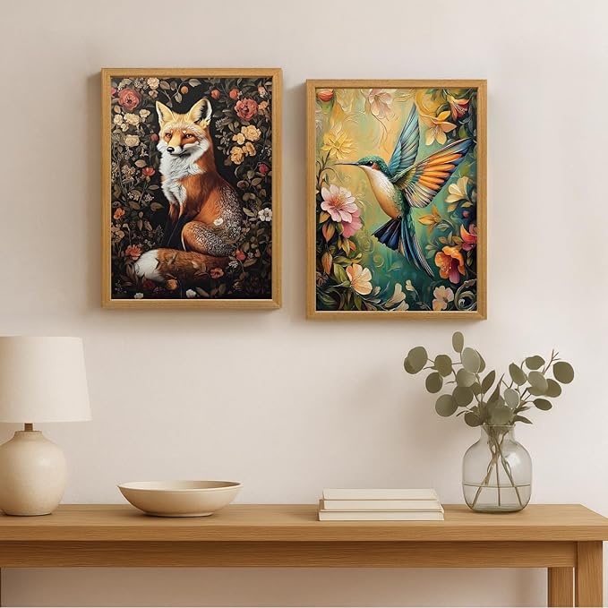 LLEEMPI William Morris Wall Art, Vintage Bird Floral Wall Decor, Hummingbird Flower Canvas Painting, Colorful Nature Botanical Aesthetic Picture for Living Room Bedroom Kid Room Wood Framed 16x24 inch