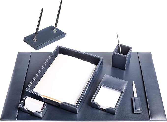 Dacasso Bonded Set Luxury Leather Desk Pad & Desk Organization Essentials, 7 Piece, Navy Blue