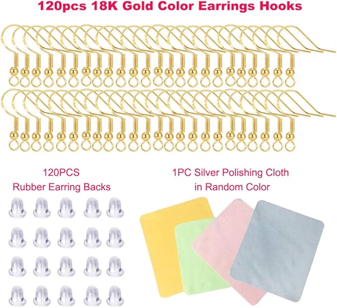 Hypoallergenic Gold Earring Hooks - 120 pcs/60 Pairs 18k Gold Nickel Free Ear Wires Fish Hooks for Jewelry Making, Jewelry findings Parts with 120 pcs Rubber Earring Backs Stopper for DIY Earrings