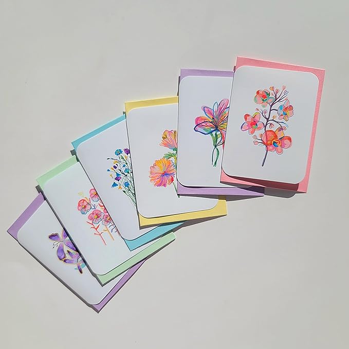 Handmade Floral Note Card Set: Vibrant Flower Art, Blank Inside, Set of 6