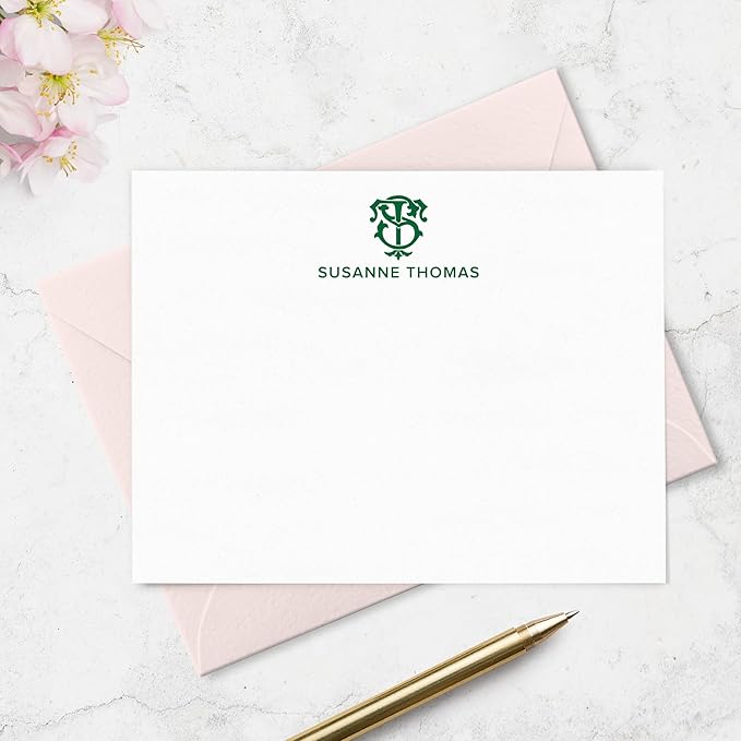 Fairmont & Grove Chic Interlocking 2 Letter Monogram Note Card and Envelope Stationery Set, Classic Monogrammed Personalized Stationary in Choice of Set Size and Colors (Monogram + Name)