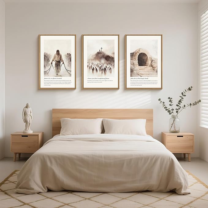 KAIRNE Christian Wall Art Set of 3, Jesus Bible Verses Framed Canvas Prints, Religious Jesus Liberation, Crucifixion, Empty Tomb Home Decor for Living Room, Bedroom, Church - 16x24 Inch