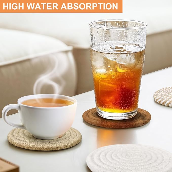12 Pcs Handmade Woven Coasters for Drinks, Absorbent and Insulating Cotton Coasters with Seagrass Basket Holder set, Boho Perfect for Coffee Table and Home Decor