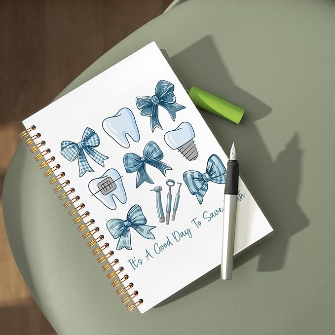 Blue Coquette Bow Dentist Notebook, Dental Gifts for Coworkers Journal, Dental Hygienist Gifts Spiral Notebook Journal for Note Taking, Dentist Office Supplies, 5.5x8.3 Inch