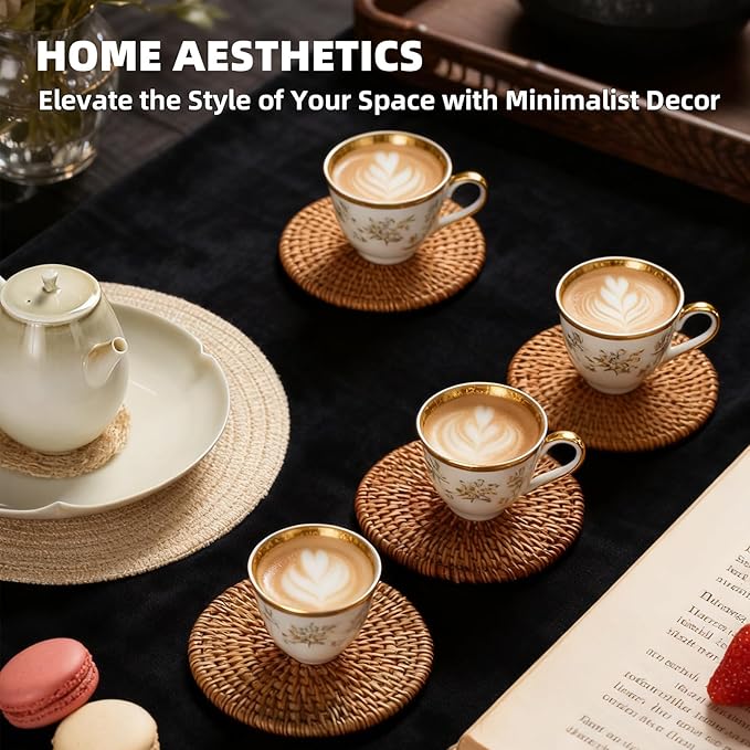 Handmade Rattan Coasters Set of 6 with Holder - Woven Aesthetic Drink Coasters for Table & Desk, Natural Boho Farmhouse Rustic Coffee Cup Pads, Home Bar Patio Table Outdoor Decor (Round)