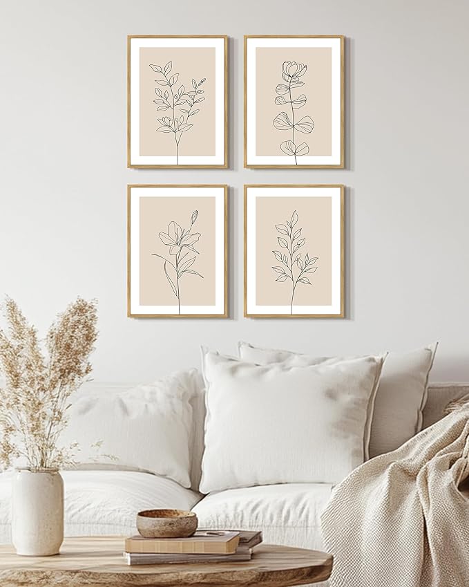 Drsoum Botanical Boho Framed Wall Art Wooded Minimalist Aesthetic Flower Prints Farmhouse Retro Plants Rustic Bathroom Kitchen Home Decor Ready to Hang 11x14inx4pcs (Natural Framed)