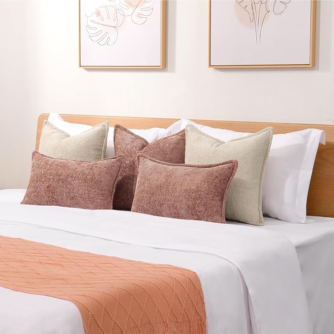 Pack of 2 Beige Decorative Throw Pillow Covers 24x24 Cozy Soft Chenille Accent Vintage Square Couch Pillow Covers for Home Decor Bed Sofa Living Room