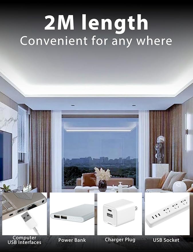 DAYBETTER 6.56ft White LED Strip Light, 6500K Ultra Bright USB-Powered Tape Light, Flexible Cuttable Design with 120 LEDs for Bedroom, Kitchen, Mirror, Home Decoration