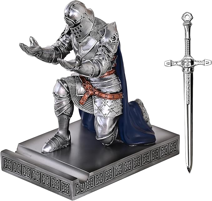King's Guard Leader Cloak Warrior Knight Pen Holder Mobile Phone Stand, Ornament Knight Statue, Pen Stand Paperweight for Office and Home (SilverBlue)