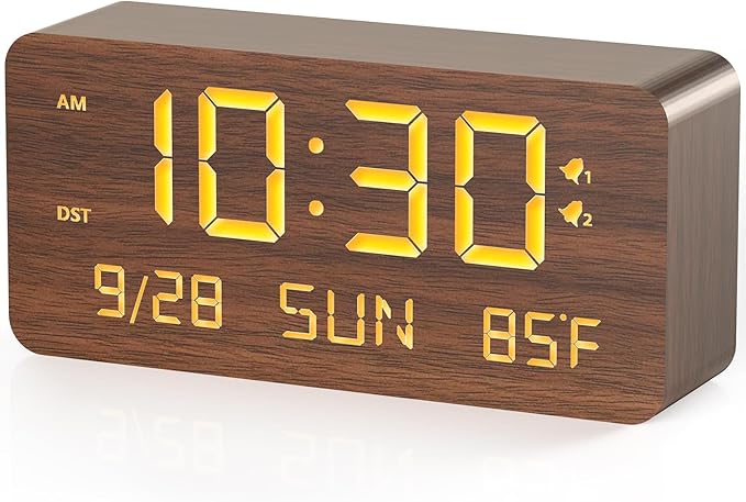 Wooden Digital Alarm Clock for Bedroom - Desk Clock with Date, Day of Week, Temperature, Dual Alarms, Dimmer, USB Port Charge, DST, Adjustable Volume for Living Room/Office Wood Decor (Brown)