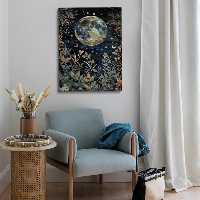 Dark Academic Moon Eclipse Wall Art William Poster Morris Botanical Print Gothic Room Decor Goth Moon and Stars Painting Canvas Vintage Cottagecore Decor for Bedroom Dorm 8x12in Unframed poster