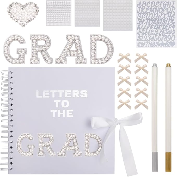 BINBE 8 x 8 Inch Letters to The Grad Scrapbook School Memory Book DIY Blank Paper Scrapbook Photo Album Book Sign with Pearl Stickers, Metallic Letters, Bows White