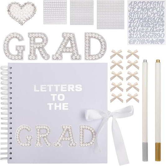BINBE 8 x 8 Inch Letters to The Grad Scrapbook School Memory Book DIY Blank Paper Scrapbook Photo Album Book Sign with Pearl Stickers, Metallic Letters, Bows White