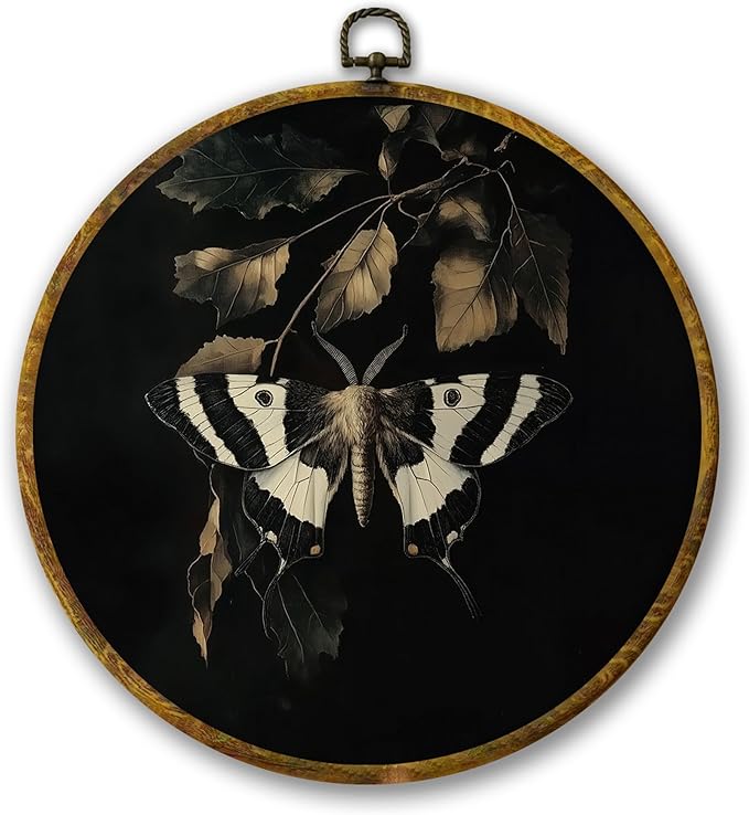 Mcehtle Vintage Butterfly Wall Art Decor, Dark Moody Cottagecore Moth Insect Botany Framed Canvas Prints 10x10, Neutral Farmhouse Round Wall Hanging Artwork Decorations for Gallery Living Room