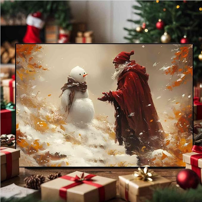 Vintage Christmas Canvas Painting Santa with Snowman Christmas Character Canvas Wall Art Holiday Winter Poster Indoor Decor for Home Offices Living Room Bedroom Dining Room Framed Ready to Hang