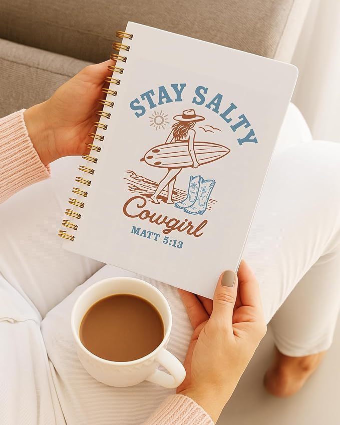Christian Coastal Cowgirl Notebook, Western Surfing Cowgirl Journal, Summer Coastal Beach Journal for Writing, Matthew 5:13 Bible Verse Spiral Notebook, 5.5x8.3 Inch 559