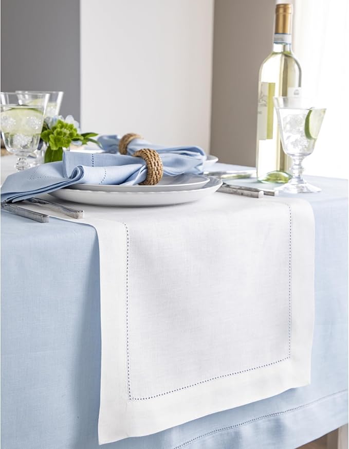 Solino Home Linen White Table Runner 60 Inches - Classic Hemstitch, 100% Pure Linen Coffee Table Runner 14 x 60 Inch Ideal for Dresser Tables - Valentines, Spring, Easter