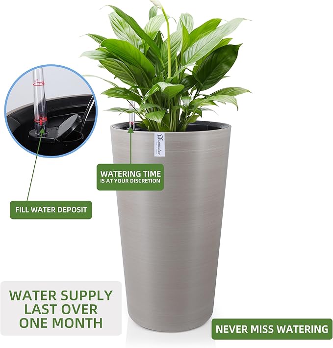 Dexceder 22x13 Tall Self Watering Planter High Cylinder Indoor Outdoor, Thickened Large Floor Standing Flower Plant Pot with Water Level Indicator (Coffee, Wire Drawing)