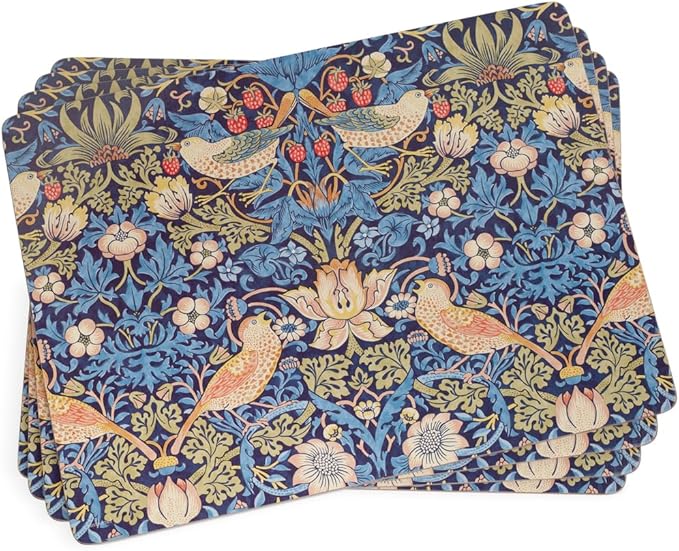 Pimpernel Morris & Co Strawberry Thief Blue Placemats, Set of 4 - Stain Resistant & Heat Safe Fabric-Feel Table Mats with Birds & Botanical Pattern for Stylish Dining & Entertaining