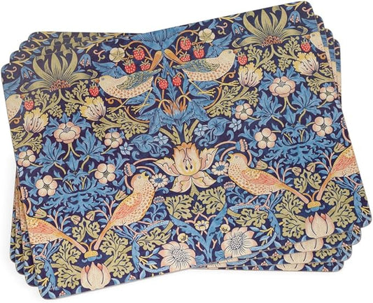 Pimpernel Morris & Co Strawberry Thief Blue Placemats, Set of 4 - Stain Resistant & Heat Safe Fabric-Feel Table Mats with Birds & Botanical Pattern for Stylish Dining & Entertaining