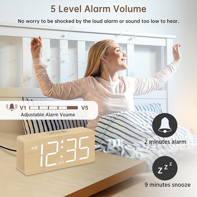 DreamSky Wooden Digital Alarm Clock for Bedroom - Desk Clocks for Living Room with Large Numbers, Dimmer, Loud Alarm for Heavy Sleepers with Volume Control, DST, Office Wood Decor (Plug in Clock)