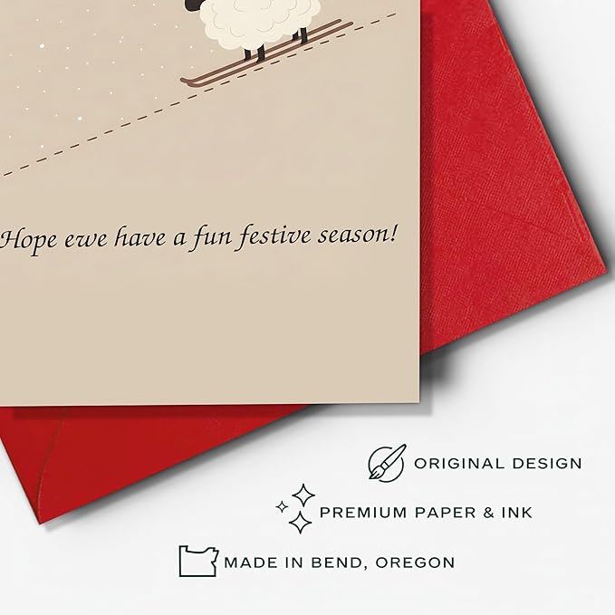 (5.3x8in) Hope Ewe Have a Fun Festive Season Card with Envelope, Cute Sheep Christmas Pun Design, Funny Holiday Greeting for Friends, Family, Coworkers, and Animal Lovers (Xmas 32)