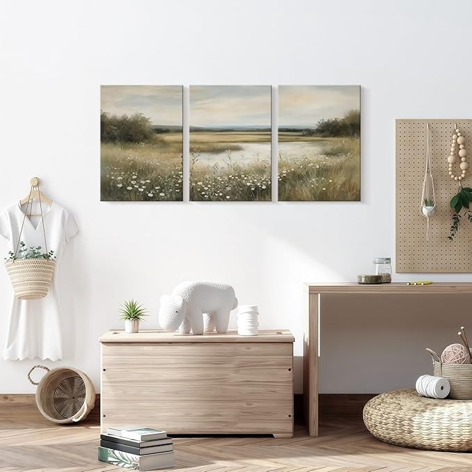 3 Pcs Framed Vintage Wildflower Canvas Wall Art Rustic River Pond Decor Landscape Botanical Print Posters Farmhouse Nature Scenery Pictures for Living Room Bedroom Kitchen 16x24 inch Ready to Hang