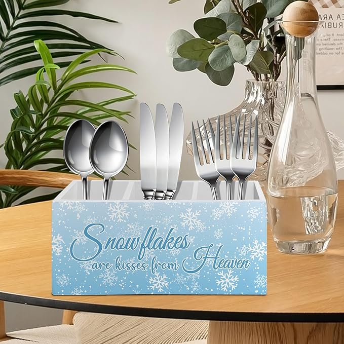 Blue Winter Christmas Pen Pencil Holder Organizer for Desk Accessories, Winter Snowflakes Wooden Box Sign Desk Decor for Home Office Decoration, Blue Christmas Decor