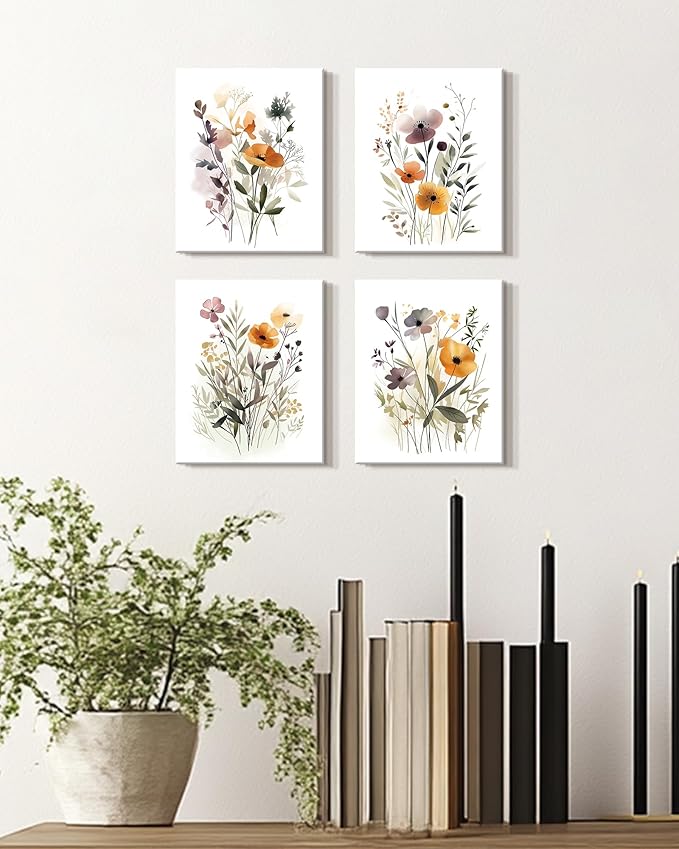 Drsoum Wildflower Bouquet Boho Framed Wall Art Wooded Minimalist Aesthetic Botanical Flower Prints Modern Plants Bathroom Kitchen Home Decor Ready to Hang 8x10inx4pcs (Framed)