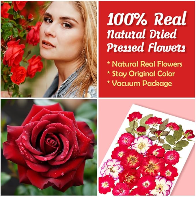 25pcs Dried Pressed Rose for Resin Molds, Real Natural Rose Flowers Leaves Kit, Set for Scrapbook Supplies Card Resin Jewelry Soap Candle DIY Crafts