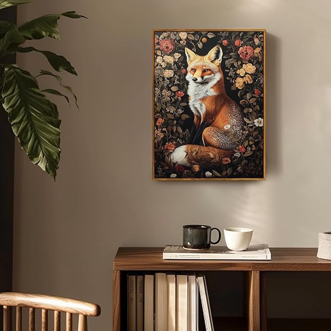 Framed Vintage Wall Art, Boho Canvas Wall Art, Dark Flowers Pictures, Nature Botanical Wall Decor, Fox Animal Paintings Prints, for Living Room Bedroom Home Decor 8x10in