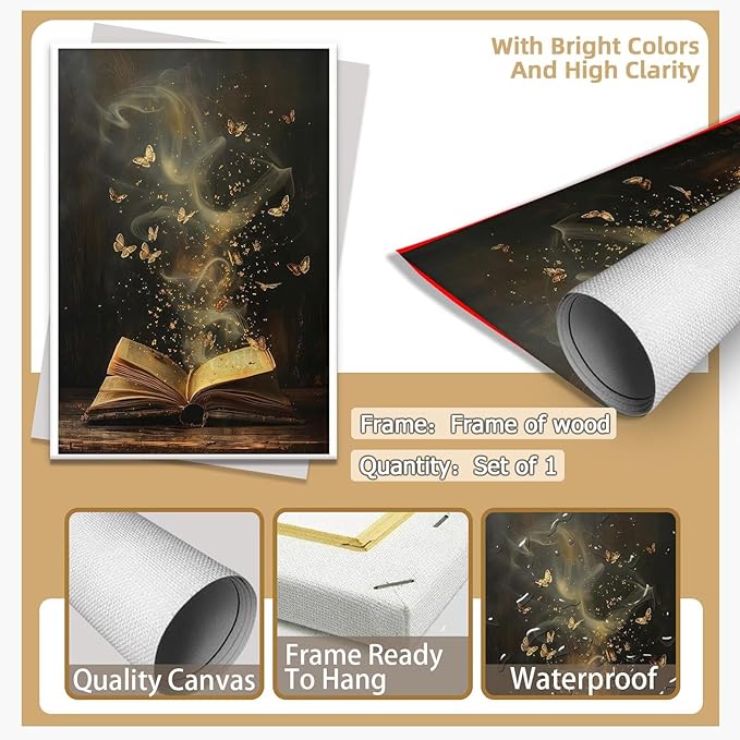 Whimsical Enchanted Open Book Wall Art Vintage Golden Butterflies Aesthetic Poster Print Funny Mystical Smoke Canvas Picture Decor for Office Bedroom Living Room Apartment 20x30inch Framed