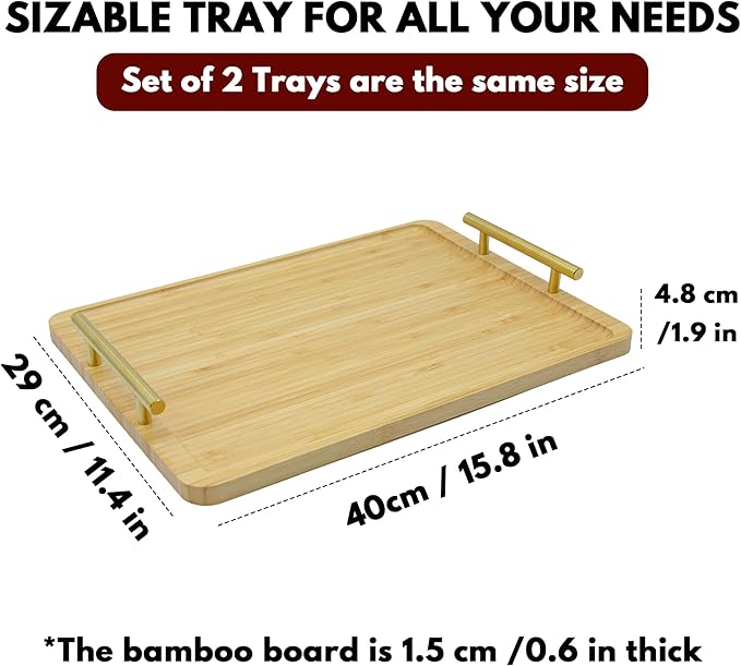 2 Pack Bamboo Serving Tray with Handles, 15.8×11.4“ Solid Wooden Tray for Food, Rectangular Tray for Ottoman, Coffee Table, Living Room