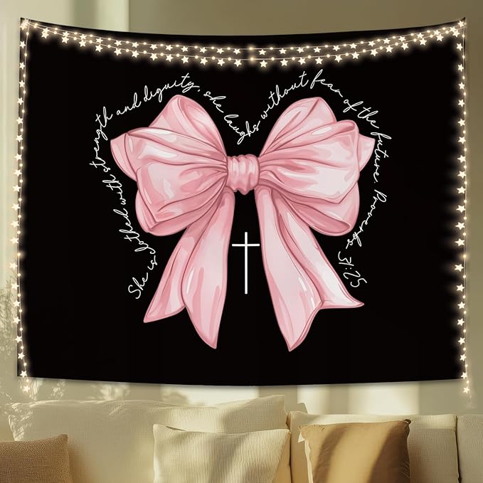 STHTTSW Coquette Pink Bow Christian Tapestry, Cute Tapestries Wall Blanket, Girly Religious Wall Hanging Decor for Girls Women College Dorm Apartment Bedroom Church, 50x60 Inch