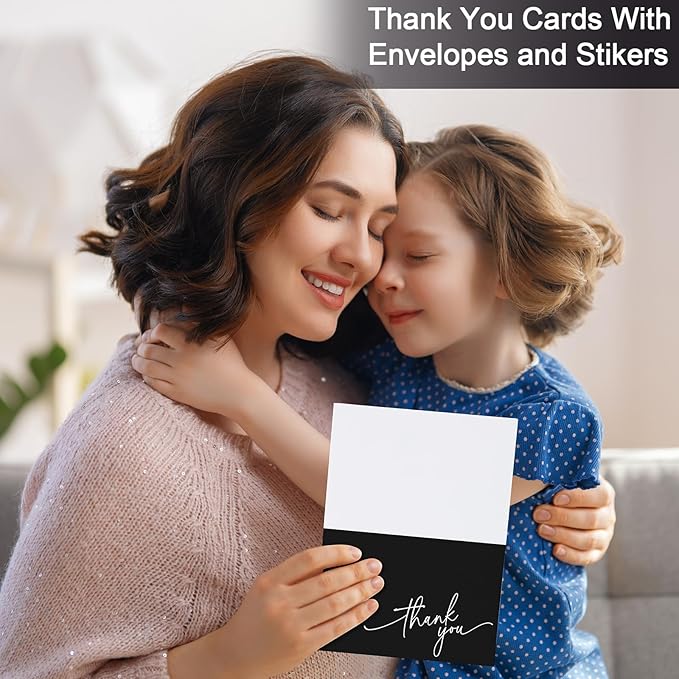 Gueevin 200 Pcs Thank You Cards with Kraft Envelopes and Stickers Bulk, 3.5 x 5 Inch Classy Blank Thank You Notes for Wedding, Business, Graduation, Baby Shower, Bridal Shower, Funeral(Black)