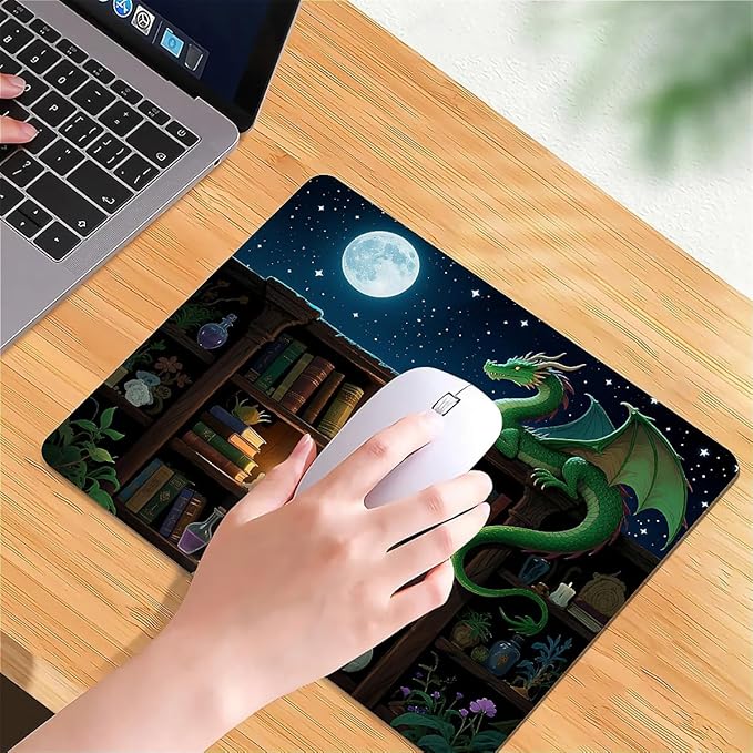 Square Mouse Pad Bookshelf Dragon, Personalized Premium-Textured Custom Mouse Mat Design, Washable Mousepad Cloth, Non-Slip Rubber Base Computer Mouse Pads for Wireless Mouse