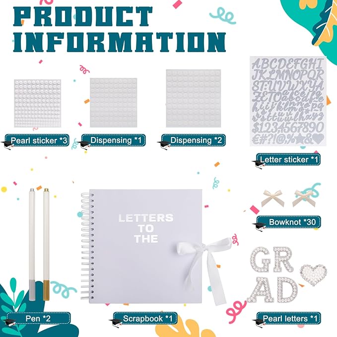 BINBE 8 x 8 Inch Letters to The Grad Scrapbook School Memory Book DIY Blank Paper Scrapbook Photo Album Book Sign with Pearl Stickers, Metallic Letters, Bows White