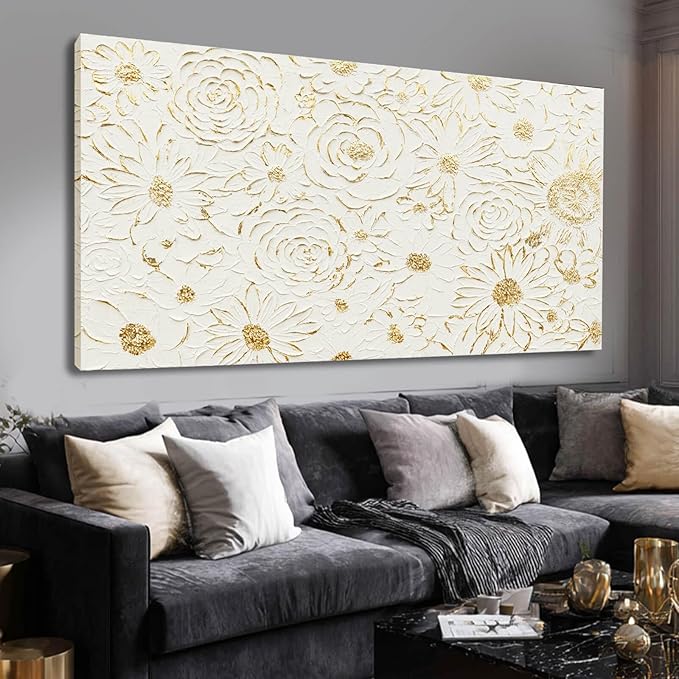 YJYart Floral Wall Decor White and Gold Decorations Simple Wall Art 24"x48" Office Wall Pictures Oil Paintings for Bedroom