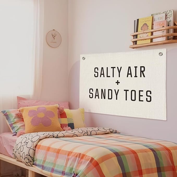 Summer Beach Room Decor, Retro Coastal Surf Banner, Salty Air Sandy Toes Linen Canvas Banner Wall Hanging Flag Decor for Nursery Playroom