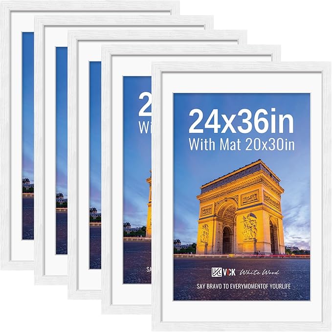 VCK 24x36 Picture Frames White Set of 5, Wide Border Wood, Display 20x30 Photo with Mat or 24 x 36 without, for Home, Office, Gallery, Woodgrain Series, Wall Hanging